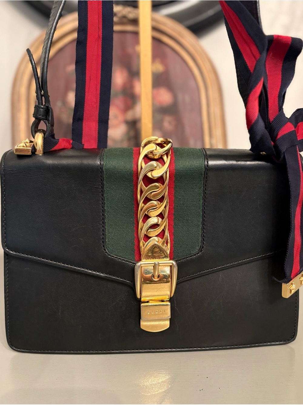 Gucci Sylvie Small Web Leather Shoulder Bag – Black